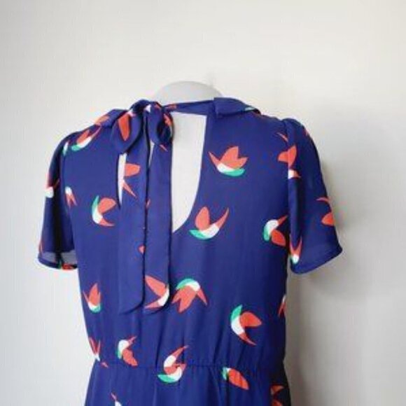 Modcloth Dress Retro Bird Print Navy Blue Peter Pan Collar M - Picture 11 of 12